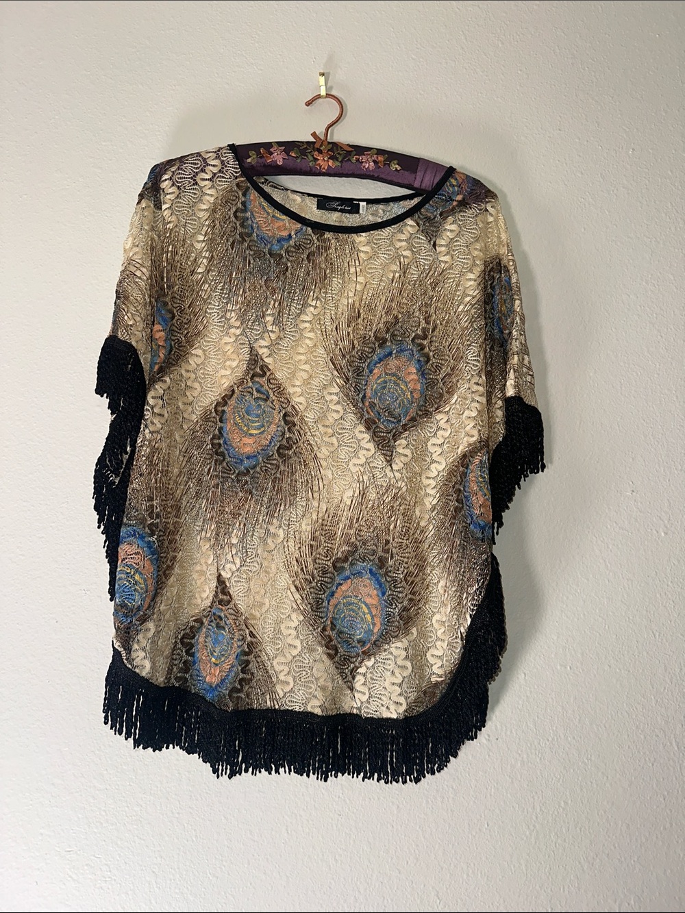 Simple Cream Tunic with Blue and Black Fringe Accents